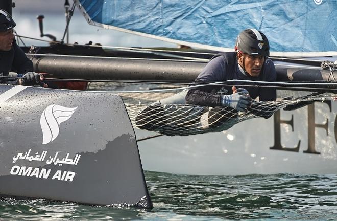 Extreme Sailing Series 2016. Act 2. Qingdao. China. Oman Air skippered by Morgan Larson (USA) with trimmer Pete Greenhalgh (GBR).  © Aitor Alclade Colomer / Lloyd Images