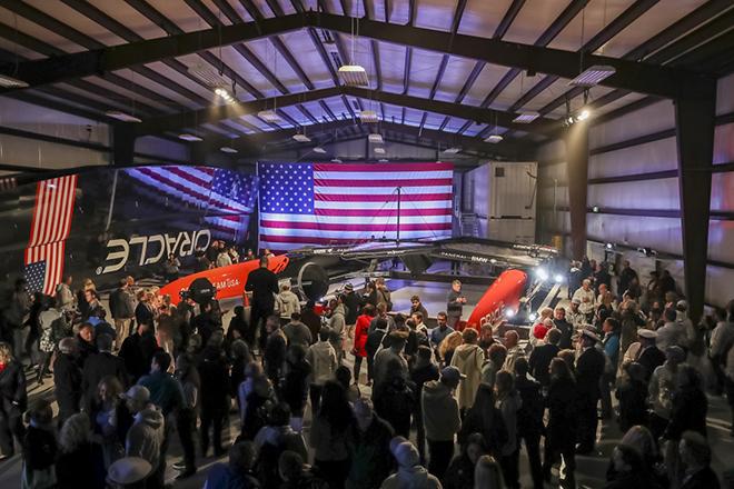 Oracle Team USA celebrate completion of new America’s Cup Class boat © Oracle Team USA media