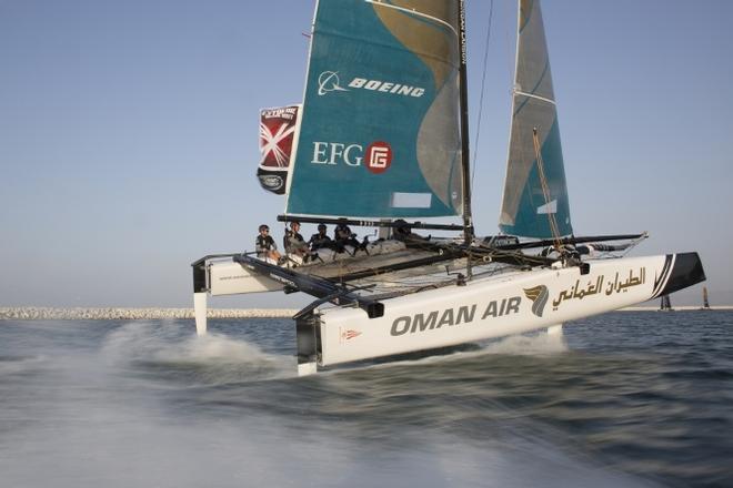 Extreme Sailing Series 2016. Act 1. Muscat Oman. Picture shows the Oman Air team skippered by Morgan Larson (USA) with team mates Pete Greenhalgh (GBR) Ed Smyth (NZL) , Nasser Al Mashari (OMA) and James Wierzbowski © Lloyd Images