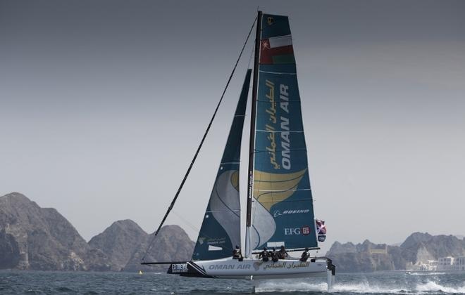 Extreme Sailing Series 2016. Act 1. Muscat Oman. Picture shows the Oman Air team skippered by Morgan Larson (USA) with team mates Pete Greenhalgh (GBR) Ed Smyth (NZL) , Nasser Al Mashari (OMA) and James Wierzbowski © Lloyd Images