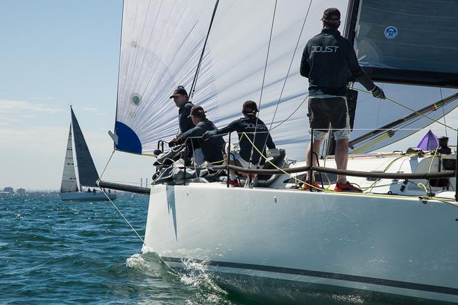 Knuckle buried deep there - oh, there are three for'ard of the stick. Grab a bit of tack line as you come back, team! Must be doing OK, as they are first overall under IRC Div2. - Club Marine Series ©  Alex McKinnon Photography http://www.alexmckinnonphotography.com
