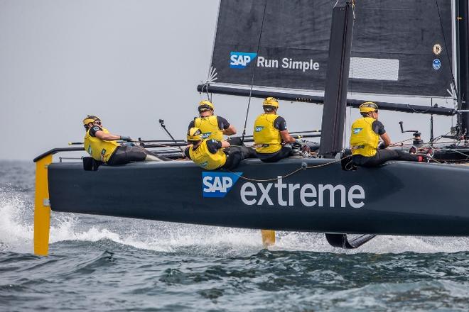 SAP Extreme Sailing Team was black flagged then won two races – GC32 Championship © Jesus Renedo / GC32 Championship Oman