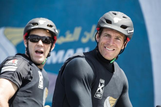 Extreme Sailing Series 2016. Act 1. Muscat Oman. Picture shows the Oman Air team skippered by Morgan Larson (USA) with team mates Pete Greenhalgh (GBR) Ed Smyth (NZL) , Nasser Al Mashari (OMA) and James Wierzbowski © Lloyd Images