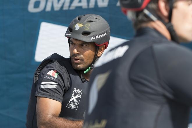 Extreme Sailing Series 2016. Act 1. Muscat Oman. Picture shows the Oman Air team skippered by Morgan Larson (USA) with team mates Pete Greenhalgh (GBR) Ed Smyth (NZL) , Nasser Al Mashari (OMA) and James Wierzbowski © Lloyd Images