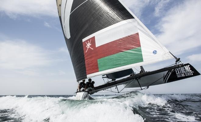 Extreme Sailing Series 2016. Act 1. Muscat Oman. Picture shows the Oman Air team skippered by Morgan Larson (USA) with team mates Pete Greenhalgh (GBR) Ed Smyth (NZL) , Nasser Al Mashari (OMA) and James Wierzbowski © Lloyd Images