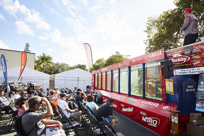 See what the fish see at the Berkley Supertank – a 15m x 3m giant mobile fish tank where angling gurus Brett Thomson and Michael Cooke © Gold Coast International Marine Expo