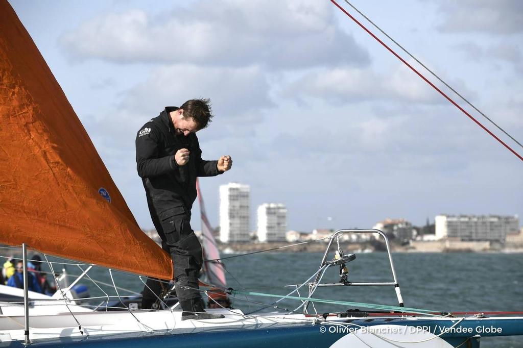  - Vendee Globe - Conrad Colman finishes under Jury Rig in Les Sables d'Olonne - February 24, 2017 ©  Olivier Blanchett / DPPI / Vendee Globe http://www.vendeeglobe.org/