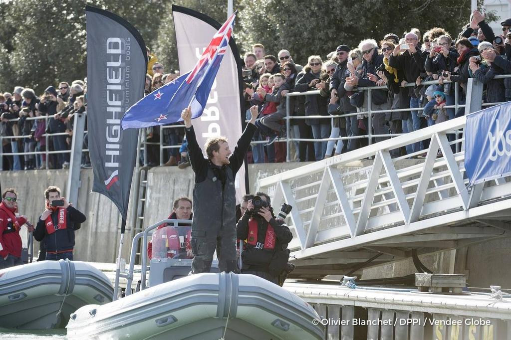 - Vendee Globe - Conrad Colman finishes under Jury Rig in Les Sables d’Olonne - February 24, 2017 ©  Olivier Blanchett / DPPI / Vendee Globe http://www.vendeeglobe.org/