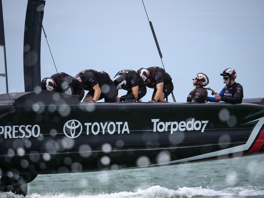 The Beaumont Street Cycling Club out training while wing sail trimmer and skipper Glenn Ashby and helmsman Peter Burling keep their heads out of the boat - Emirates Team New Zealand sail their America’s Cup Class race boat for the second day in Auckland New Zealand - photo © Emirates Team New Zealand http://www.etnzblog.com