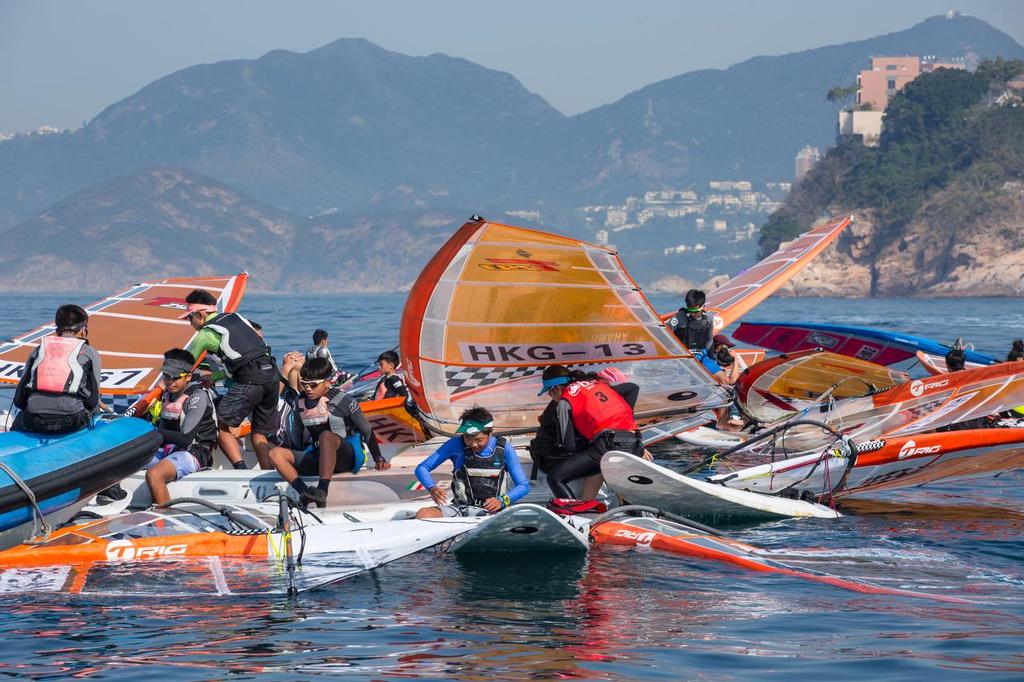 Hong Kong Raceweek 2017. A mess of windsurfers, waiting for the breeze.  © Guy Nowell / Hong Kong Race Week