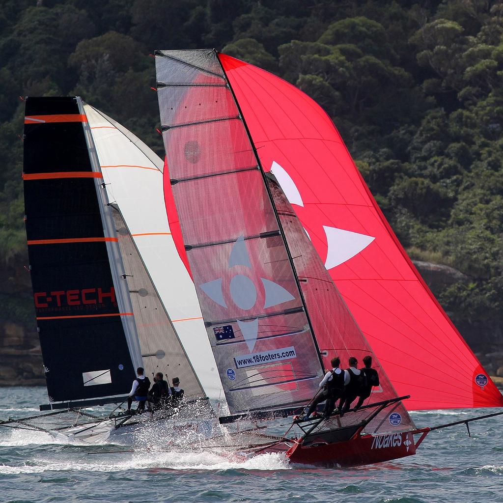 Noakesailing and C-Tech at pace on the run to Obelisk - Race 2 - 2017 JJ Giltinan Trophy 18ft Skiff Championship, February 26, 2017 photo copyright Frank Quealey /Australian 18 Footers League http://www.18footers.com.au taken at  and featuring the  class