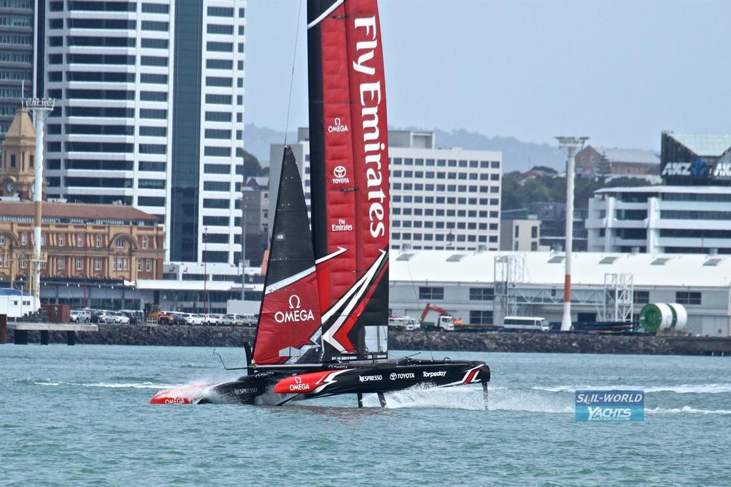 Emirates Team New Zealand's new AC50 takes a rare dive when sailing for the second time  from the Team's base in Auckland.  February 15, 2017 © Richard Gladwell www.photosport.co.nz
