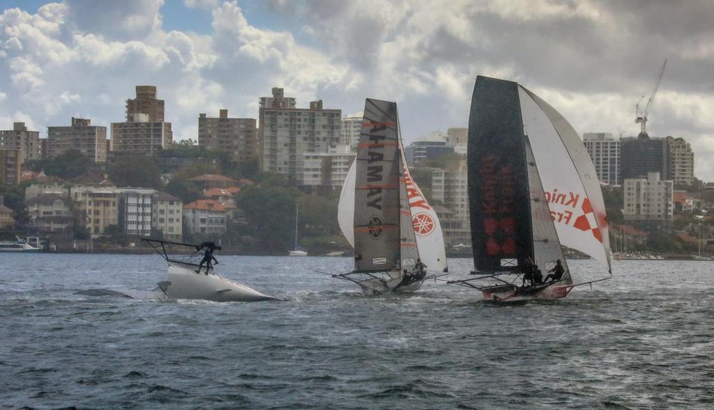 Yamaha, Knight Frank and C-Tech a few seconds after the incident in Race 3 - 2017 JJ Giltinan Trophy 18ft Skiff Championship, February 28, 2017 © Michael Chittenden 