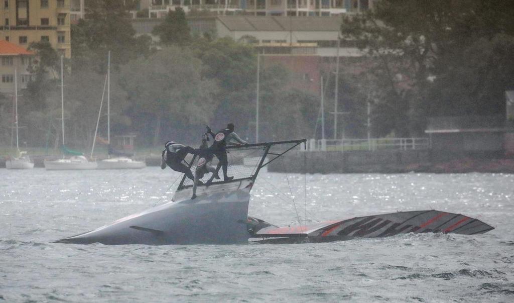 A capsized Yamaha - Race 3 - 2017 JJ Giltinan Trophy 18ft Skiff Championship, February 28, 2017 © Michael Chittenden 