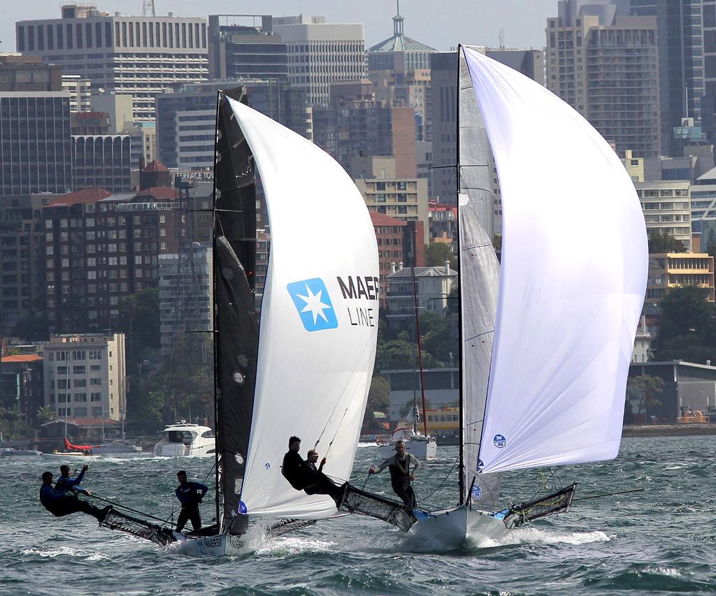 Two international teams Harken (USA) leads Maersk Line (NZ) - Race 2 - 2017 JJ Giltinan Trophy 18ft Skiff Championship, February 26, 2017 photo copyright Frank Quealey /Australian 18 Footers League http://www.18footers.com.au taken at  and featuring the  class