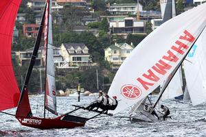 A close moment for the Yamaha crew - JJ Giltinan 18ft Skiff Championship photo copyright Frank Quealey /Australian 18 Footers League http://www.18footers.com.au taken at  and featuring the  class