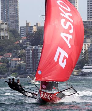 Asko Appliances at pace down the first spinnaker run - Race 2 - 2017 JJ Giltinan Trophy 18ft Skiff Championship, February 26, 2017 photo copyright Frank Quealey /Australian 18 Footers League http://www.18footers.com.au taken at  and featuring the  class