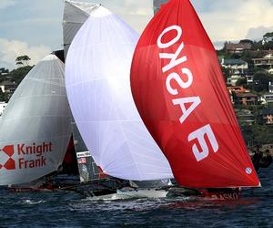 Asko, Harken and Knight Frank on the first lap - JJ Giltinan 18ft Skiff Championship photo copyright Frank Quealey /Australian 18 Footers League http://www.18footers.com.au taken at  and featuring the  class