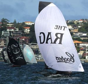 Coopers 62-Rag and Famish Hotel led the fleet over the first lap - JJ Giltinan 18ft Skiff Championship photo copyright Frank Quealey /Australian 18 Footers League http://www.18footers.com.au taken at  and featuring the  class