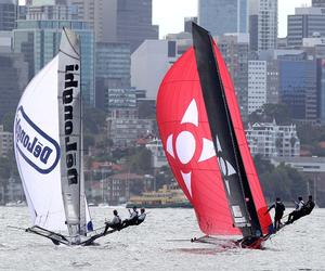 De'Longhi and Noakesailing battle down the second run - JJ Giltinan 18ft Skiff Championship photo copyright Frank Quealey /Australian 18 Footers League http://www.18footers.com.au taken at  and featuring the  class