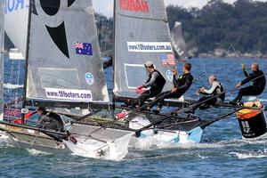 Harken leads Noakes Youth at the bottom mark on the first lap - JJ Giltinan 18ft Skiff Championship photo copyright Frank Quealey /Australian 18 Footers League http://www.18footers.com.au taken at  and featuring the  class
