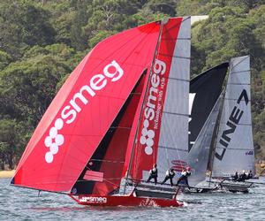 Smeg and Line 7 on the middle spinnaker run - JJ Giltinan 18ft Skiff Championship photo copyright Frank Quealey /Australian 18 Footers League http://www.18footers.com.au taken at  and featuring the  class