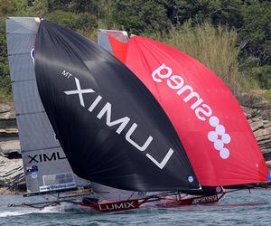 The young Lumix team battle with the 2016 JJ Giltinan champion Smeg. photo copyright 18footers.com taken at  and featuring the  class