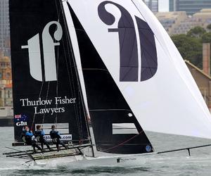Thurlow Fisher Lawyers grabbed the lead down the first spinnaker run to the bottom mark - JJ Giltinan 18ft Skiff Championship photo copyright Frank Quealey /Australian 18 Footers League http://www.18footers.com.au taken at  and featuring the  class