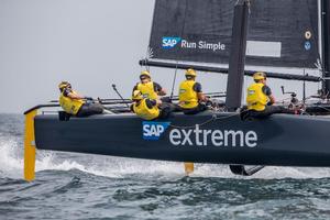 SAP Extreme Sailing Team was black flagged then won two races – GC32 Championship photo copyright Jesus Renedo / GC32 Championship Oman taken at  and featuring the  class