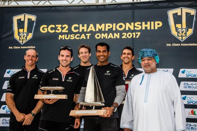 Oman Air's winning crew with Rashid Al Kindi, Chairman of the Oman Sailing Committee and Vice President of the Asian Sailing Federation - GC32 Championship © Jesus Renedo / GC32 Championship Oman