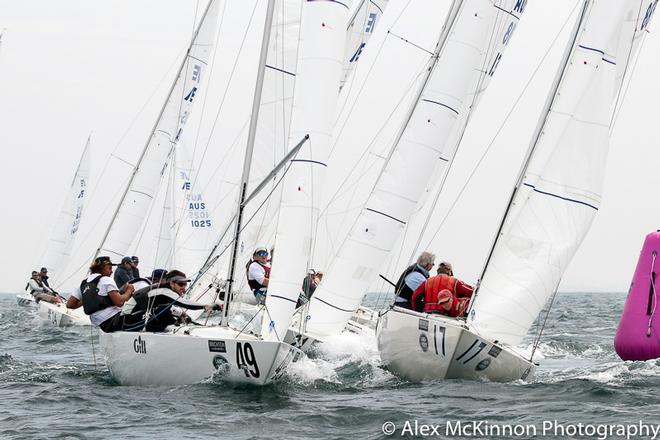 Wobbegong 2 (Doug Flynn, Ian McKillop, and Henry Kernst) with  Fast Forward (Bruce McBriar, Jeff Casley and Tony Bond)  - part of tight racing around the top mark for the first time in the first race - Brighton Land Rover 2017 Etchells VIC Championship ©  Alex McKinnon Photography http://www.alexmckinnonphotography.com