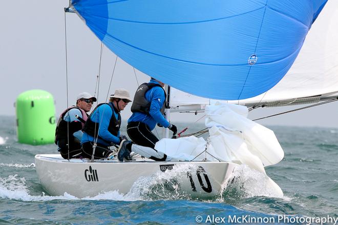 Fifteen+ - David Clark, Andrew Smith, and Ian Johnson are currently first overall at the end of Day One. Second in the first race and eighth in the firs.t Seen here just after rounding the hitch mark.Close racing as always with an the Etchells fleet... Especially so of this calibre!!! - Brighton Land Rover 2017 Etchells VIC Championship ©  Alex McKinnon Photography http://www.alexmckinnonphotography.com