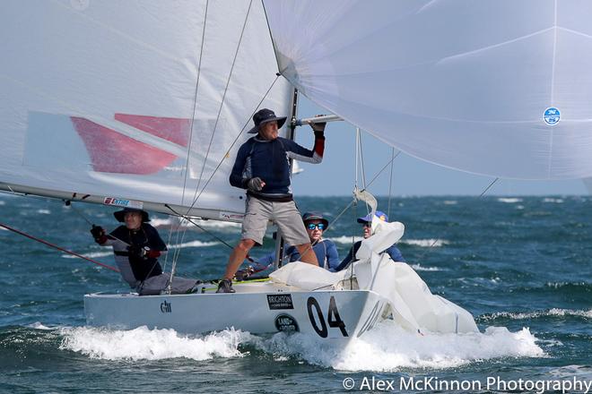 Jukes of Hazzard (Brendon Jukes, Brian Jukes, Mattias Houvenagel, Nigel Jones) Winners of the Corinthian Division seen here enjoying the increase breeze in Race Five on the way to the finish - Brighton Land Rover 2017 VIC Etchells Championship ©  Alex McKinnon Photography http://www.alexmckinnonphotography.com