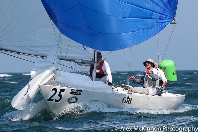 Local entry, Walk on Water (Peter Rattray, Brett Heath, Glenn Norton) seen here with Glenn looking after the kite trim. - Brighton Land Rover 2017 VIC Etchells Championship ©  Alex McKinnon Photography http://www.alexmckinnonphotography.com