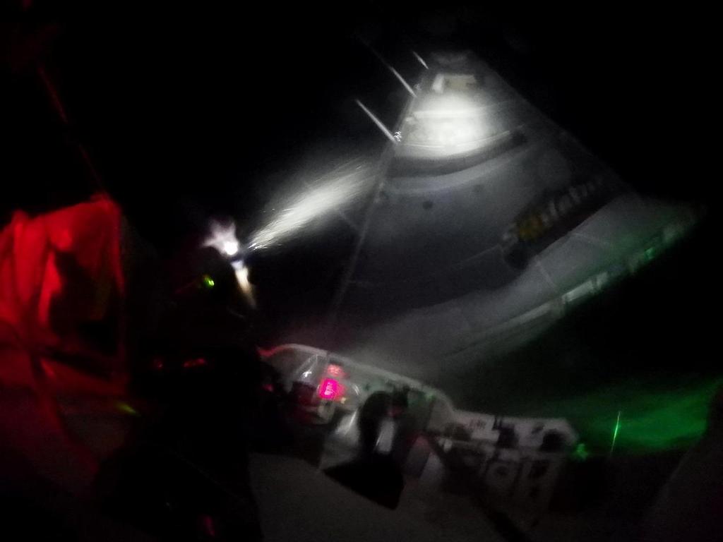 Conrad Colman facing a mainsail repair at night in the Southern Ocean aboard Foresight Natural Energy. © Conrad Colman / Foresight Energy / Vendée Globe