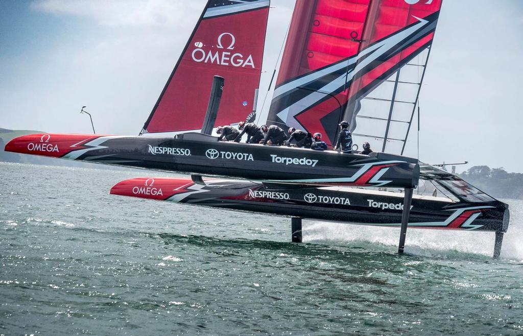 Emirates Team New Zealand sailing their AC50 on the Waitemata harbour, four weeks into their Auckland testing program photo copyright Emirates Team New Zealand http://www.etnzblog.com taken at  and featuring the  class