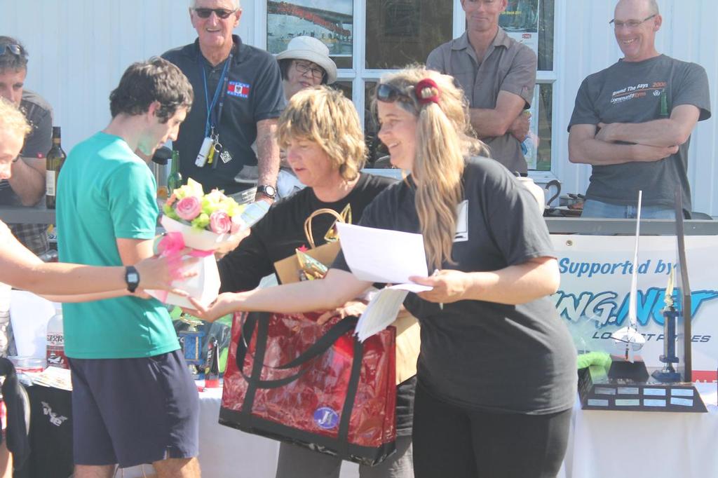 Helen Spencer, First Woman sailor receiving Sugarcraft Cupcake Flower bouquet and Joy Adams Bag - RSA Regatta - March 2017 © Chantal Grass