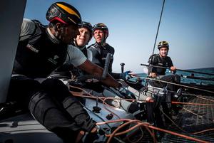 Onboard with Oman Air on the second day of racing in Muscat, Oman, where the team finished the day at the top of the Act leaderboard – Extreme Sailing Series photo copyright Lloyd Images http://lloydimagesgallery.photoshelter.com/ taken at  and featuring the  class