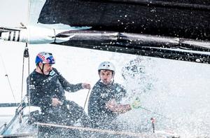 Full spray to the face for Red Bull Sailing Team skipper, Roman Hagara, during an intense day of racing on the final day in Muscat, where the team finished in fourth on the Act leaderboard. - Extreme Sailing Series photo copyright Lloyd Images http://lloydimagesgallery.photoshelter.com/ taken at  and featuring the  class