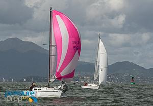Deb Fehr and Cam Campbell both look pretty in pink on the Tuna 22 Melika - Single-handed Sailing Society Corinthian Race photo copyright Erik Simonson www.pressure-drop.us http://www.pressure-drop.us taken at  and featuring the  class