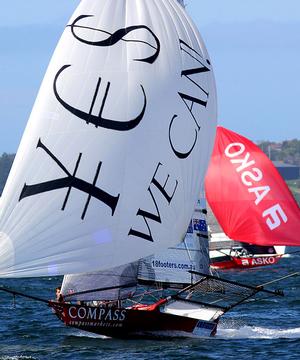 Compassmarkets.com leads Asko Appliances down the final run of the course. - 18ft Skiffs - Club Championship 2017 photo copyright 18footers.com taken at  and featuring the  class