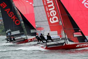 Defending champion Smeg and Asko Appliances in close racing duel - JJ Giltinan 18ft Skiff Championship photo copyright Frank Quealey /Australian 18 Footers League http://www.18footers.com.au taken at  and featuring the  class