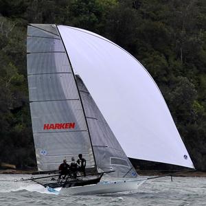 Harken (USA) led the fleet down the first spinnaker run - JJ Giltinan 18ft Skiff Championship photo copyright Frank Quealey /Australian 18 Footers League http://www.18footers.com.au taken at  and featuring the  class
