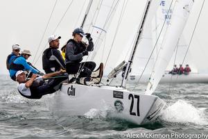 Yandoo XX - Marcus Burke hiking hard as Tiana Wittey sets about getting things ready for the hoist. Seve Jarvin in view with Jeanne-Claude Strong obscured... - Brighton Land Rover 2017 Etchells VIC Championship photo copyright  Alex McKinnon Photography http://www.alexmckinnonphotography.com taken at  and featuring the  class