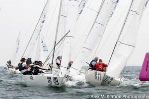 Wobbegong 2 (Doug Flynn, Ian McKillop, and Henry Kernst) with  Fast Forward (Bruce McBriar, Jeff Casley and Tony Bond)  - part of tight racing around the top mark for the first time in the first race - Brighton Land Rover 2017 Etchells VIC Championship photo copyright  Alex McKinnon Photography http://www.alexmckinnonphotography.com taken at  and featuring the  class