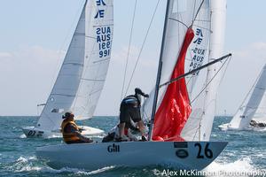 Melbourne Fleet Captain's Shoulda Done Left (Peter Coleman, Glenn Ferguson, Iain Gartle) looking forward to the downwind leg and some waves once around the clearance mark. - Brighton Land Rover 2017 VIC Etchells Championship photo copyright  Alex McKinnon Photography http://www.alexmckinnonphotography.com taken at  and featuring the  class