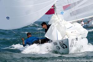 Tango (Chris Hampton, Mark Andrews, Sam Haines) seen here with Sam hiking hard as well as trimming on the way to the gate. A 5th and a 2nd on the day saw them secure fifth place overall. - Brighton Land Rover 2017 VIC Etchells Championship photo copyright  Alex McKinnon Photography http://www.alexmckinnonphotography.com taken at  and featuring the  class