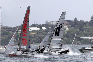 Yamaha and Thurlow Fisher Lawyers reaching on the run to the bottom mark - JJ Giltinan 18ft Skiff Championship photo copyright Frank Quealey /Australian 18 Footers League http://www.18footers.com.au taken at  and featuring the  class