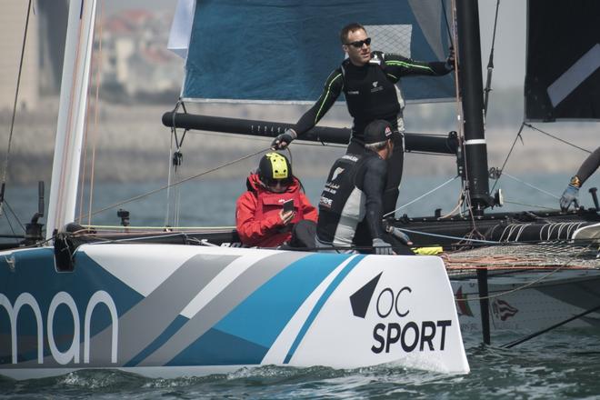 Oman Air Sailing Team races during day one of Act 2 at the Extreme Sailing Series in Qingdao, China ©  Xaume Olleros / OC Sport