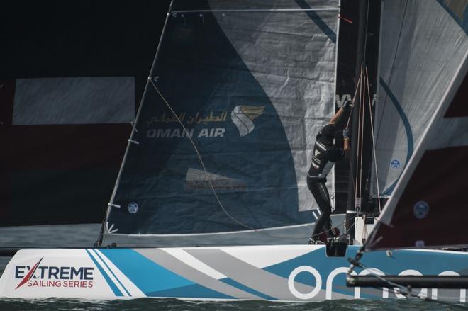 Oman Air Sailing Team races during day one of Act 2 at the Extreme Sailing Series in Qingdao, China ©  Xaume Olleros / OC Sport